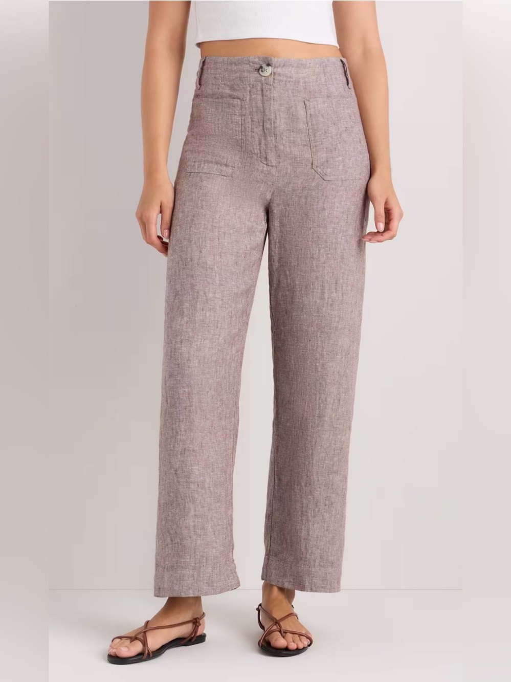 Quince 100% European Linen Patch Pocket Wide Leg Pants Taupe Brown Chambray Sz 8